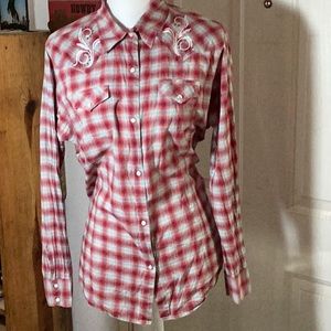 wrangler Xlg,red plaid w/green/blue/white, brass dots,embellished, embroidery